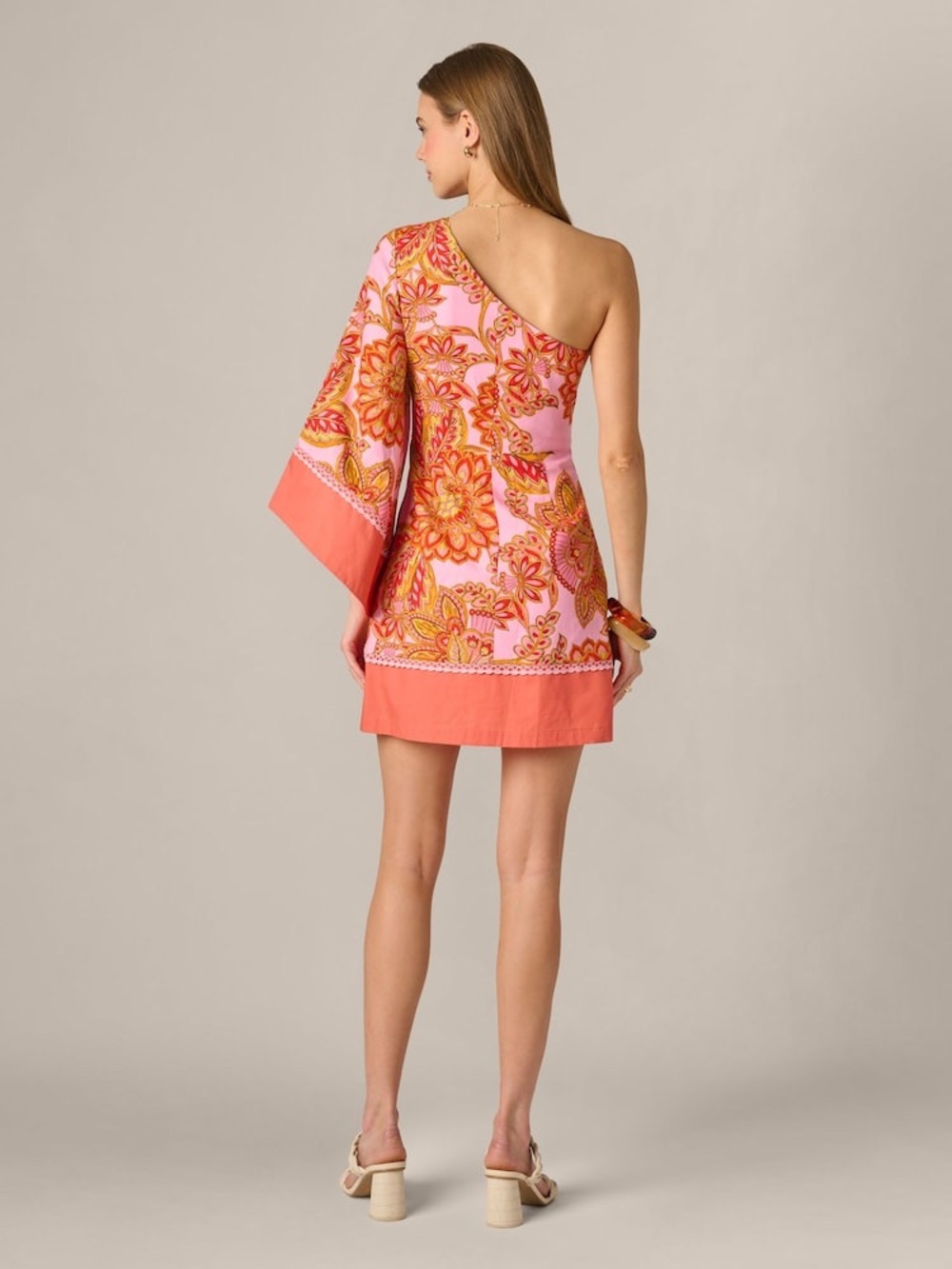Adrianna Papell Pink One-Shoulder Floral Mini Dress with Coral Trim size 8 - Picture 2 of 11